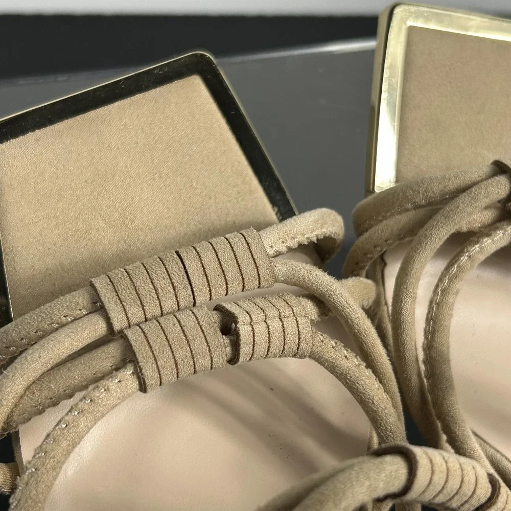 Torgeis New York Size 7.5 Suede Tan Sandals Strappy Heel Mule NEW MEDINILLA $100